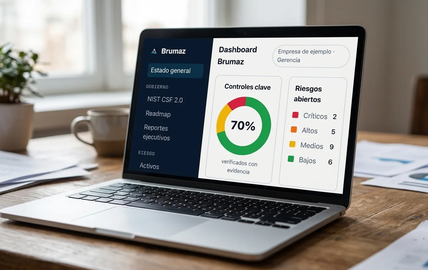 El dashboard Brumaz abierto en un notebook, con los controles clave al 70 % y el recuento de riesgos abiertos