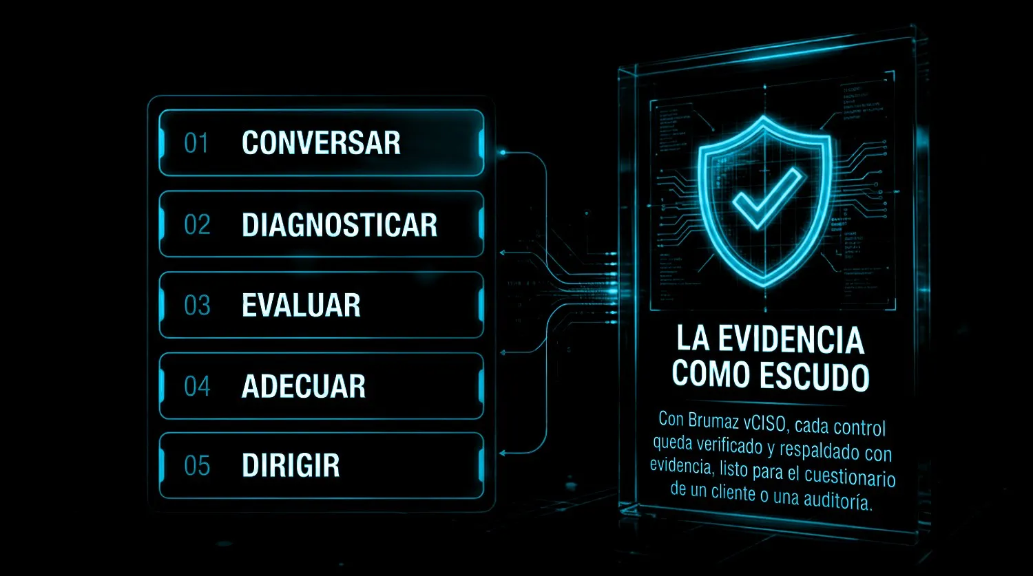 Los cinco pasos del método Brumaz, conversar, diagnosticar, evaluar, adecuar y dirigir, convergen en un panel titulado La evidencia como escudo