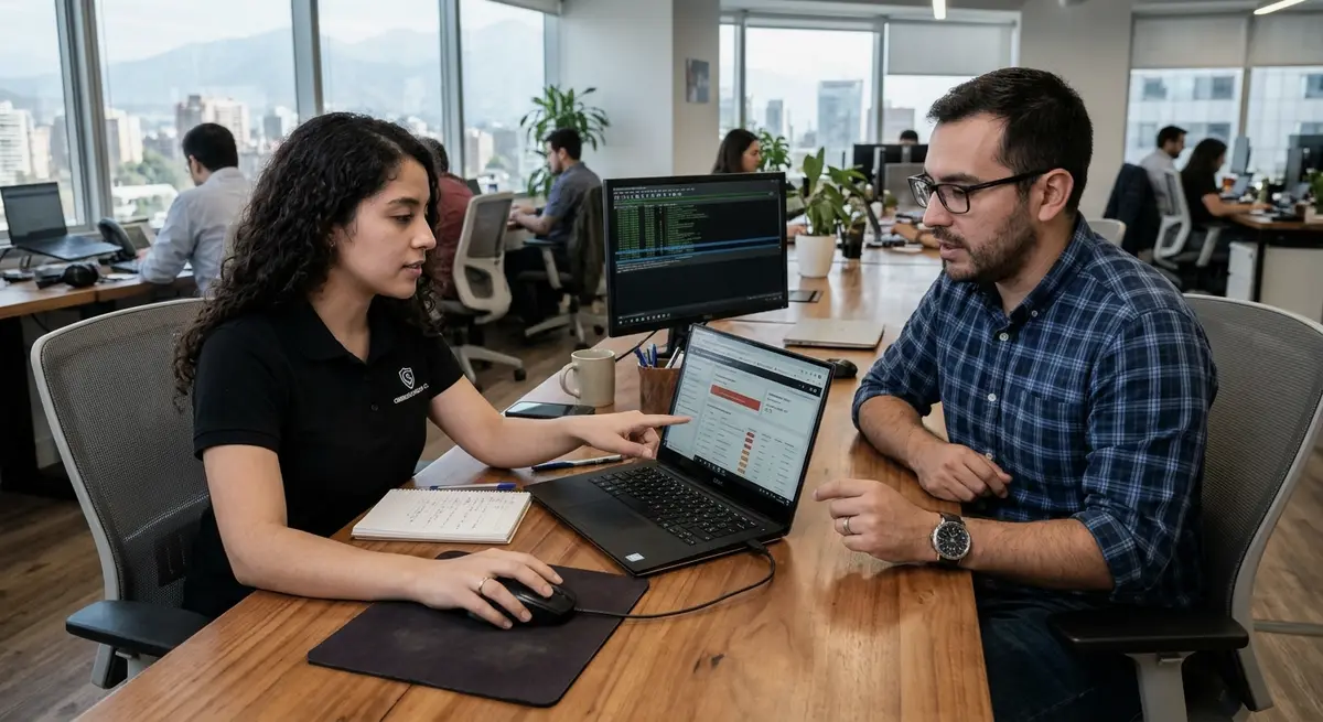 Una analista le muestra a un colega un panel de vulnerabilidades en el portátil, en una oficina con vista a la cordillera